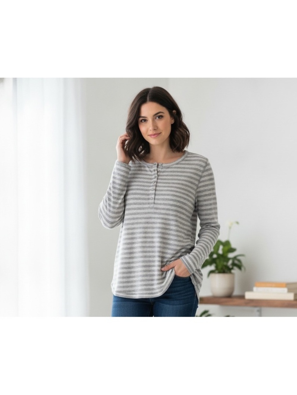 Talbots Plus Petite 3XP Gray Striped Long Sleeve Henley Shirt